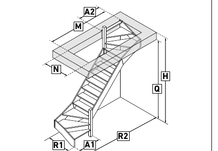 Escalier double 1/4 droit-gauche