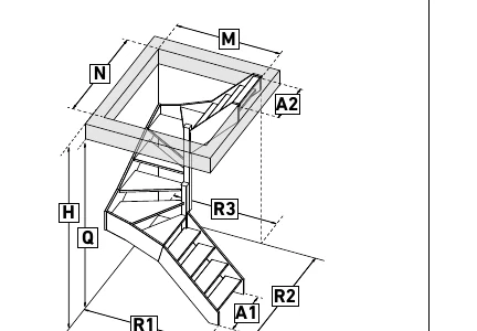 Escalier en U double 1/4 droit